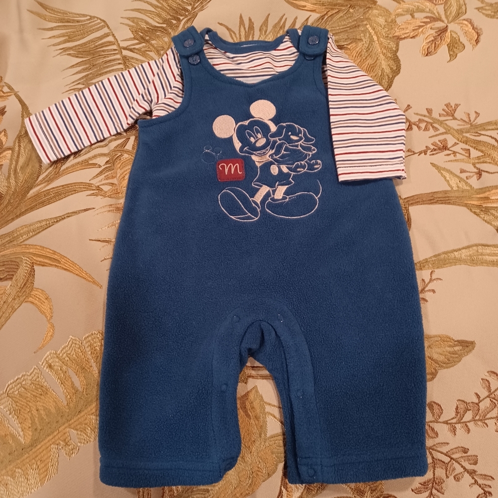 Disney Baby teal fleece overalls and striped long sleeve shirt set, 0-3 mos.
